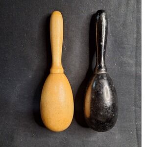 Two Vintage Wooden Darning eggs with handles mending socks 1 black 1 natural